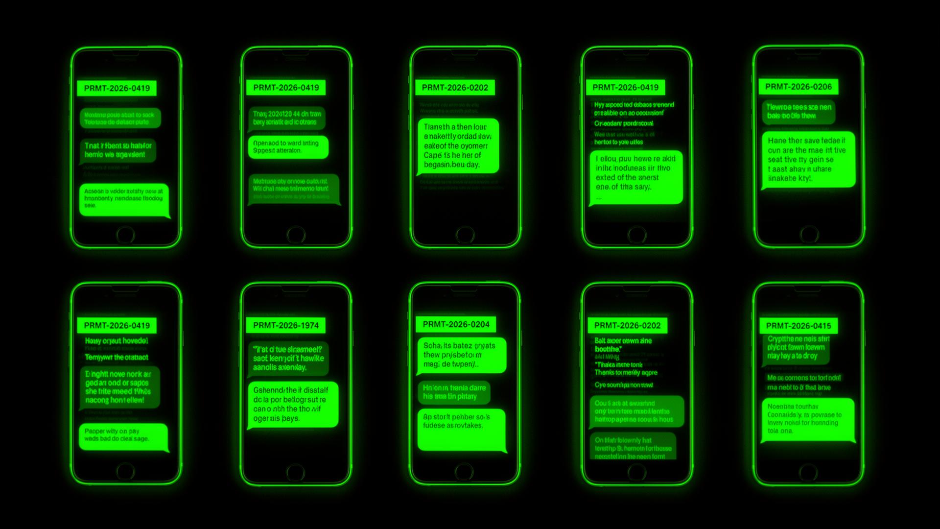 Grid of phones glowing in acid green, each labeled with a prompt ID